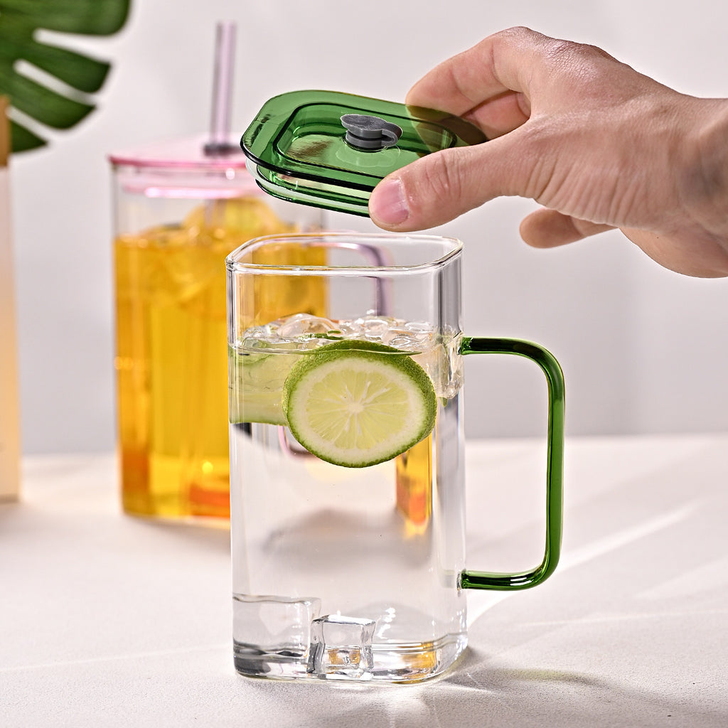 1 Pcs Blue Glass Straw Cup, 4 Colors Square Glass Cup With Straw