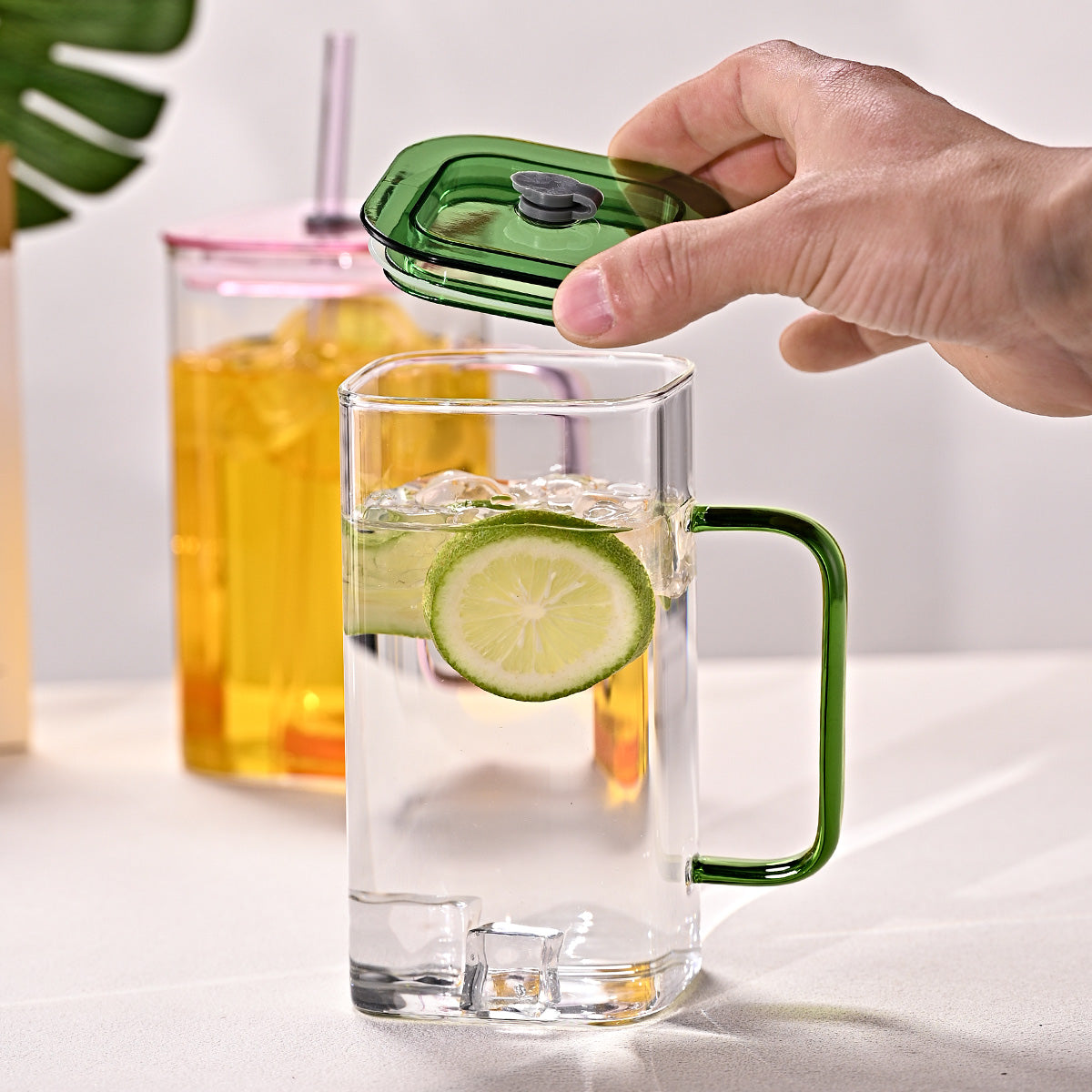 1 Pcs Blue Glass Straw Cup, 4 Colors Square Glass Cup With Straw
