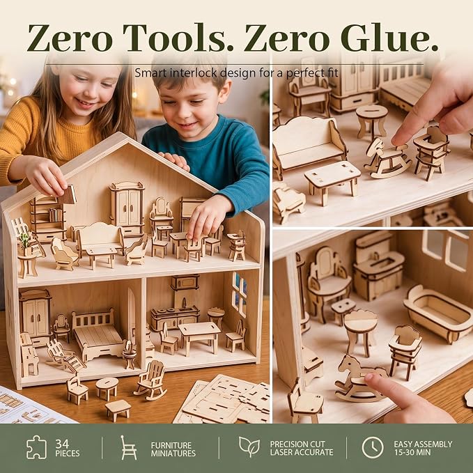 34-Piece Wooden Dollhouse Furniture Set, Scale Miniature Furniture