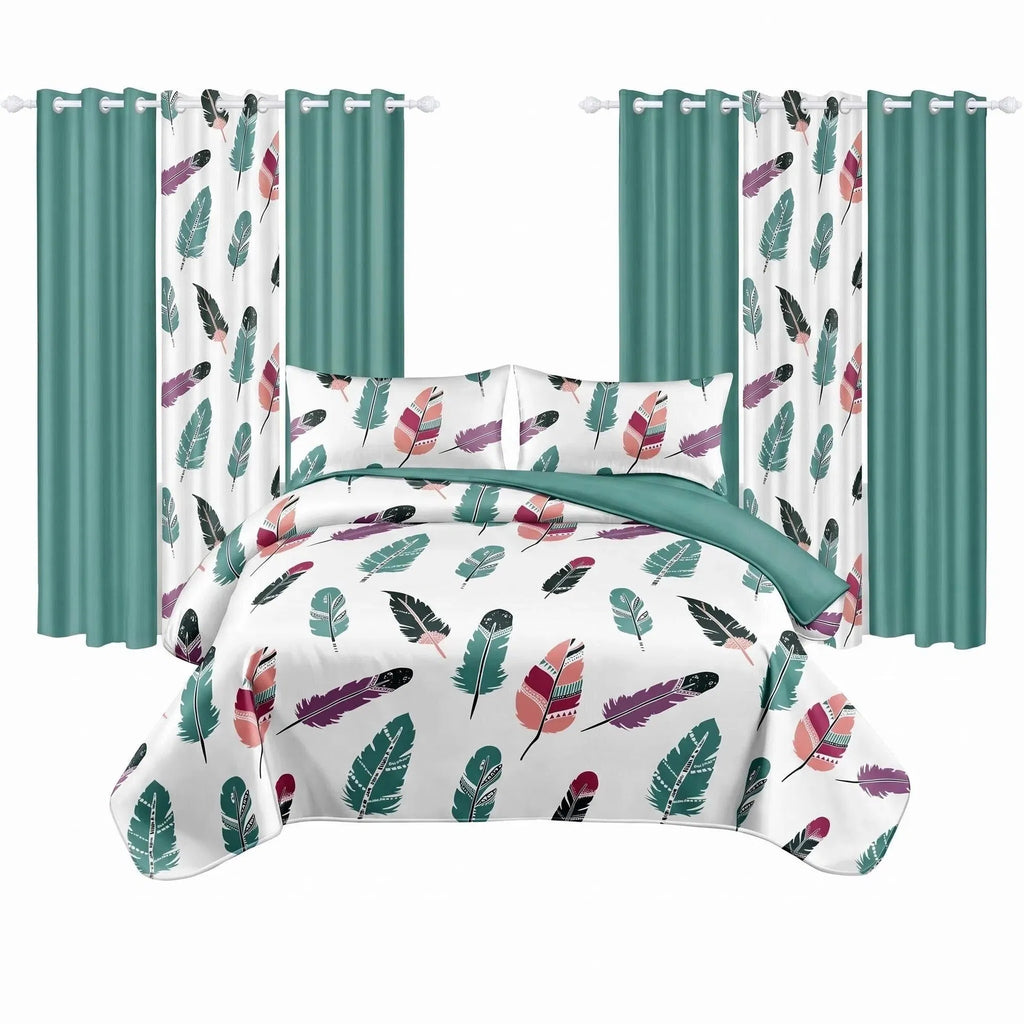 9-Piece Boho Feather Bedding & Curtain Set - Quilted Microfiber