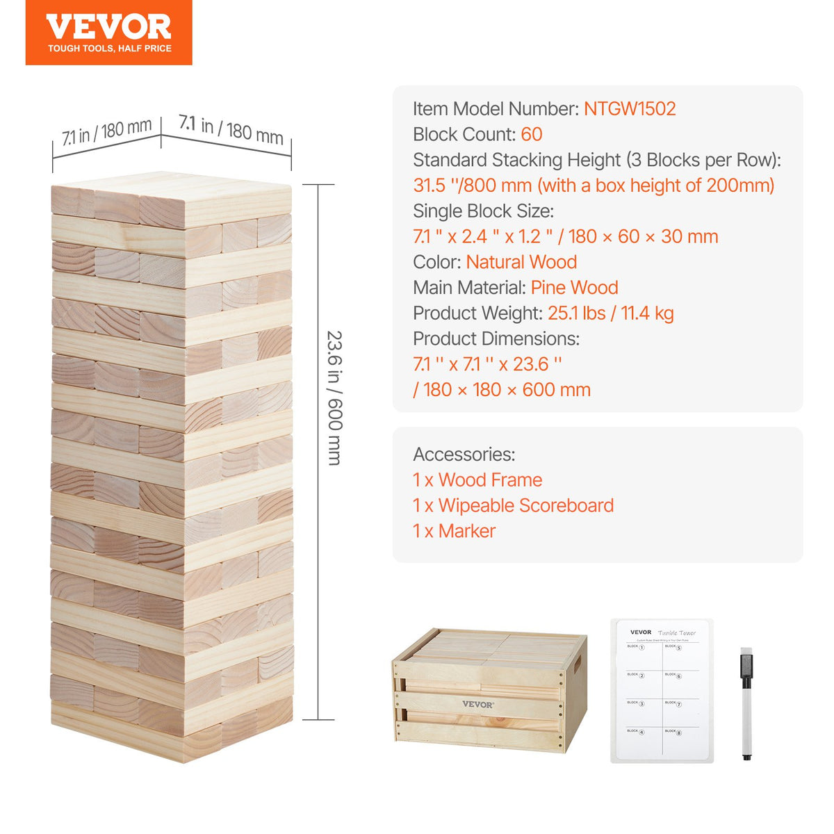 Tumbling Timber Toy 60 Blocks Giant Tumble Tower Blocks Game Pine Wood