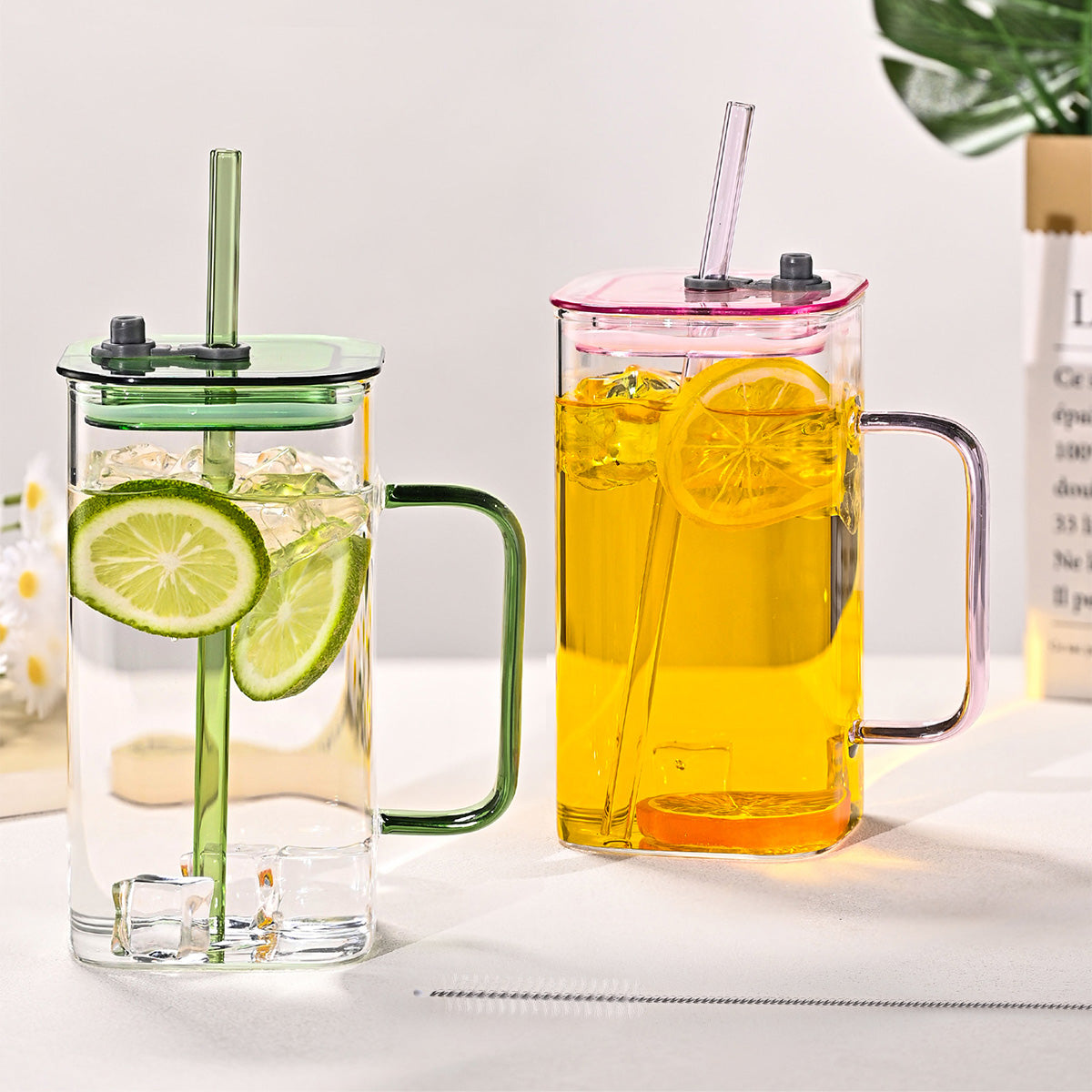 1 Pcs Blue Glass Straw Cup, 4 Colors Square Glass Cup With Straw