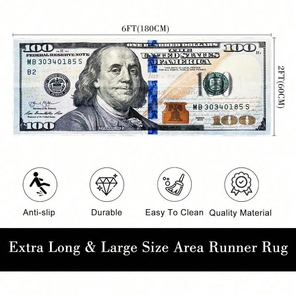 One Hundred Dollar Design Area Rug, Currency Inspired Non-slip Carpet