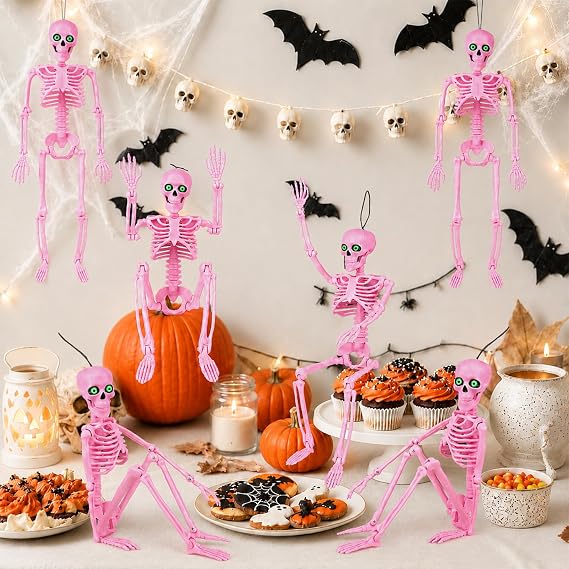 6-Piece 16-Inch Pink Halloween Skeleton Decorations With Movable Joints