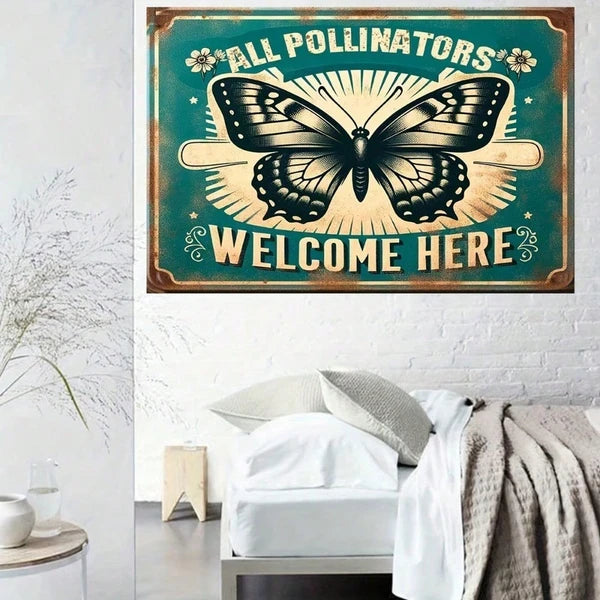1pc Vintage Garden Sign "all Pollinators Are Welcome Here", Retro Iron
