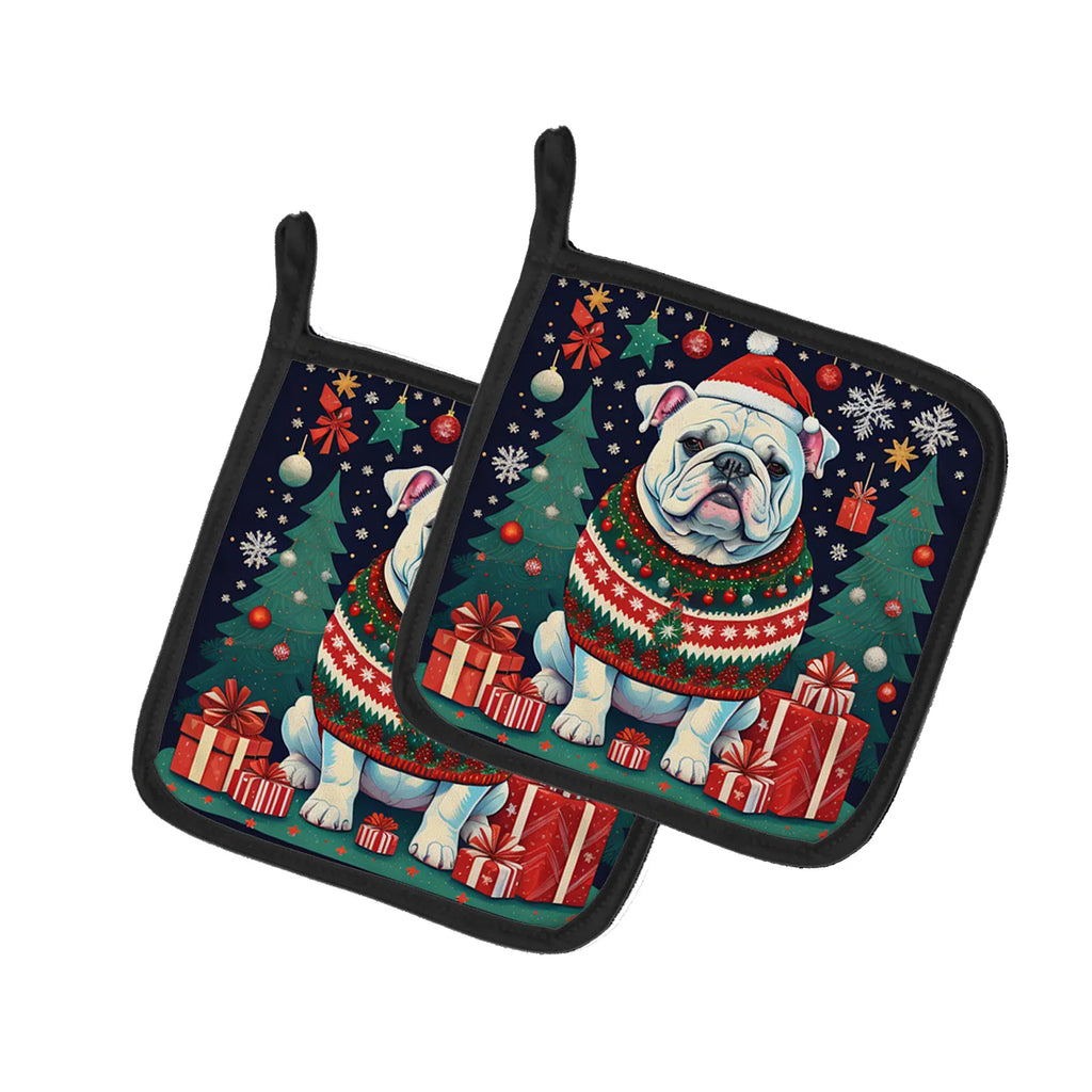 White English Bulldog Christmas Pair Of Pot Holders Kitchen Heat