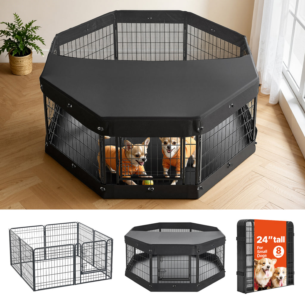 Dog Playpen 24 Inch 8 Panels Heavy Duty With Top Cover & Bottom Pad