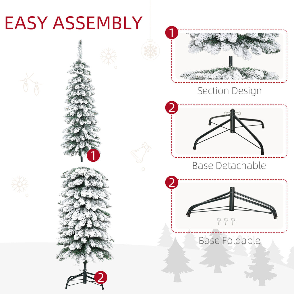6 Tall Unlit Slim Pencil Xmas Tree, Snow Flocked Artificial Christmas