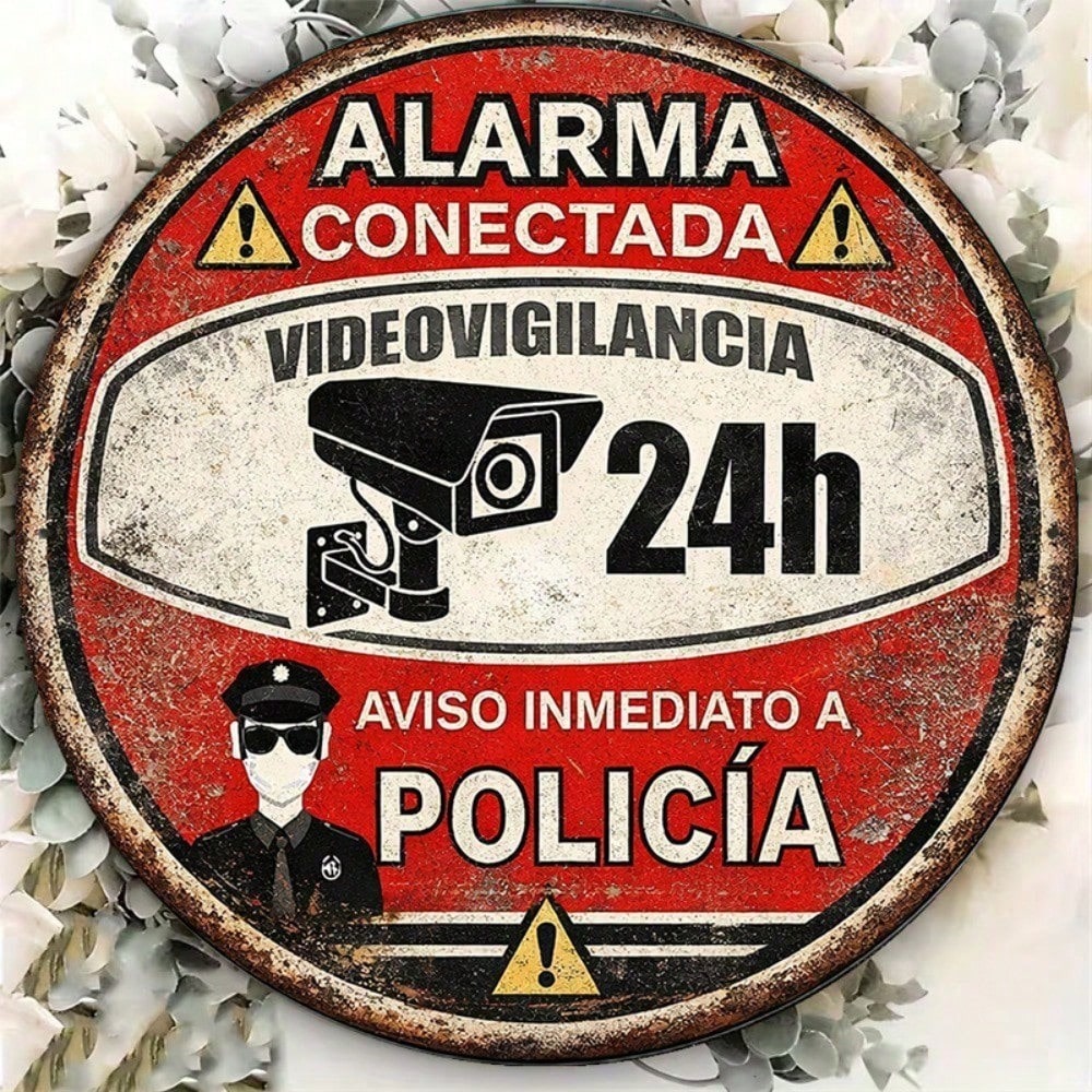 Vintage Spanish 24-Hour Video Surveillance Alarm Round Sign