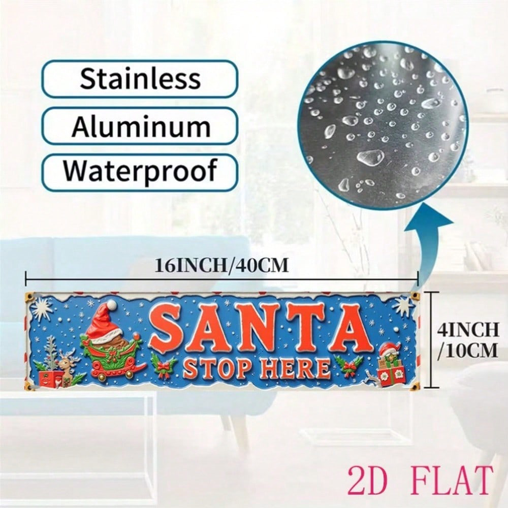 Vintage Santa Stop Here Christmas Sign 4x16, Sign 4x16, Rustic Aluminum