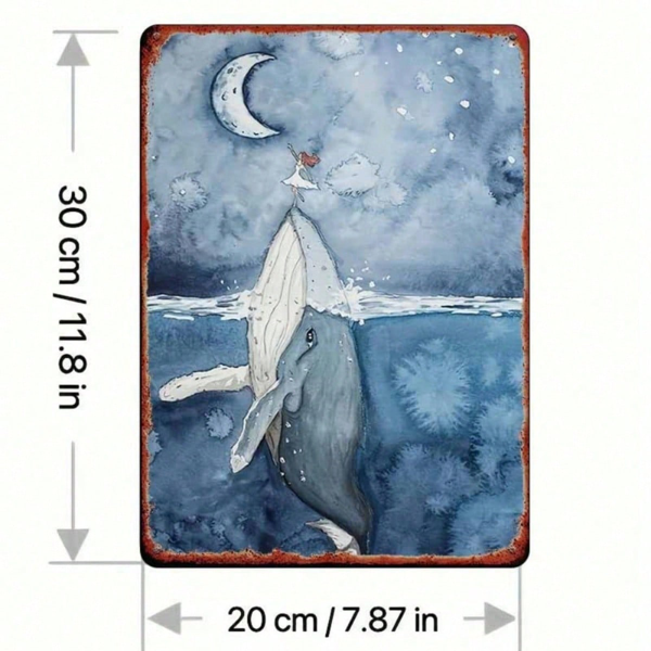 1PC Vintage Metal Tin Sign Moon & Whale Nautical Pattern Wall Art Retro