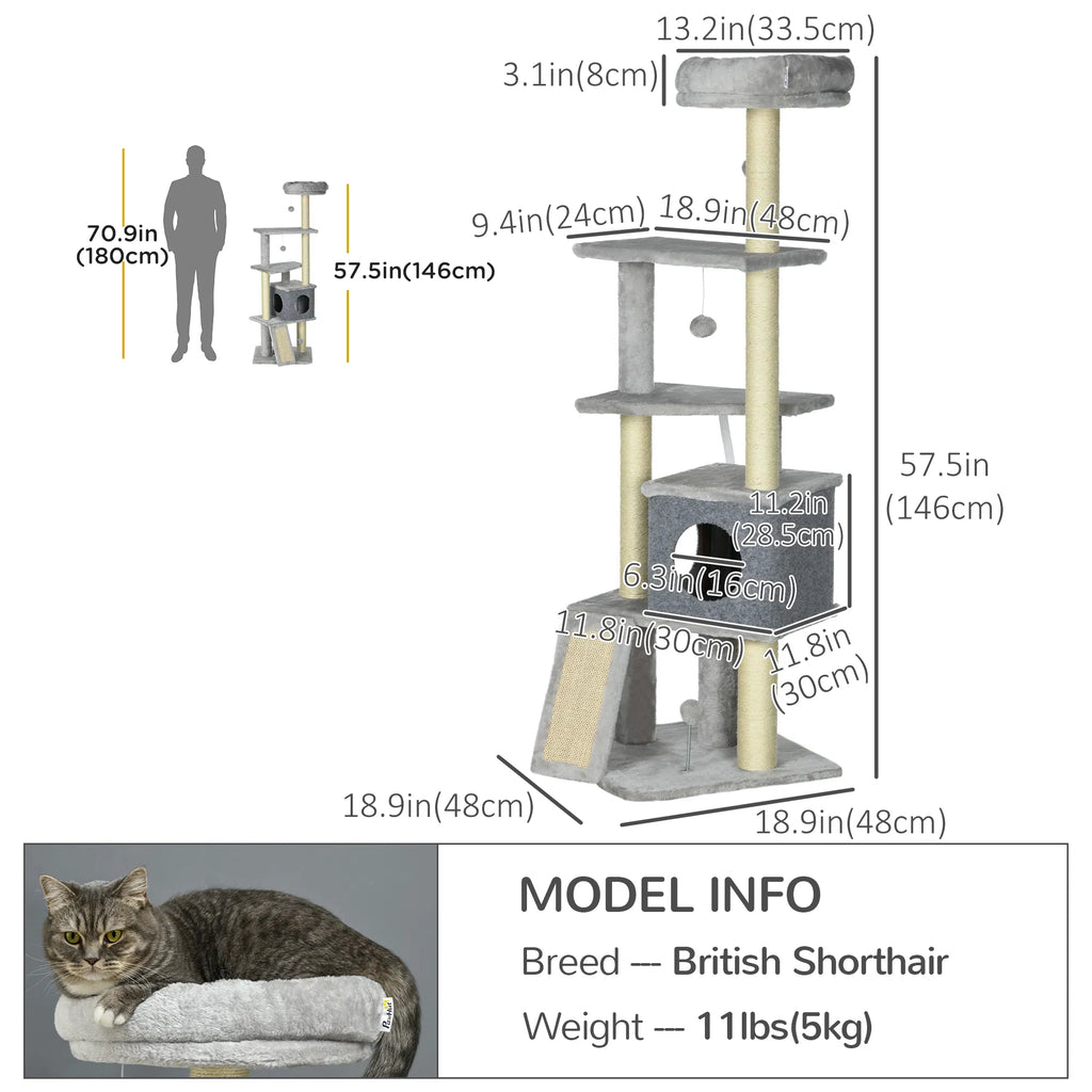 57.5" Cat Tree With Scratching Posts, Large Cat Tower For Indoor Cats