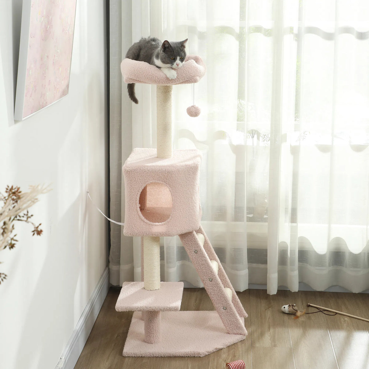 47" Tall Cat Tree Tower With Condo, Ladder, Scratching Posts