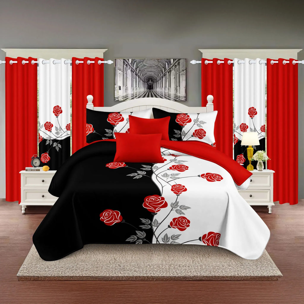 9-Piece Red Rose Bedding & Curtain Set - Quilted Microfiber Bedspread +