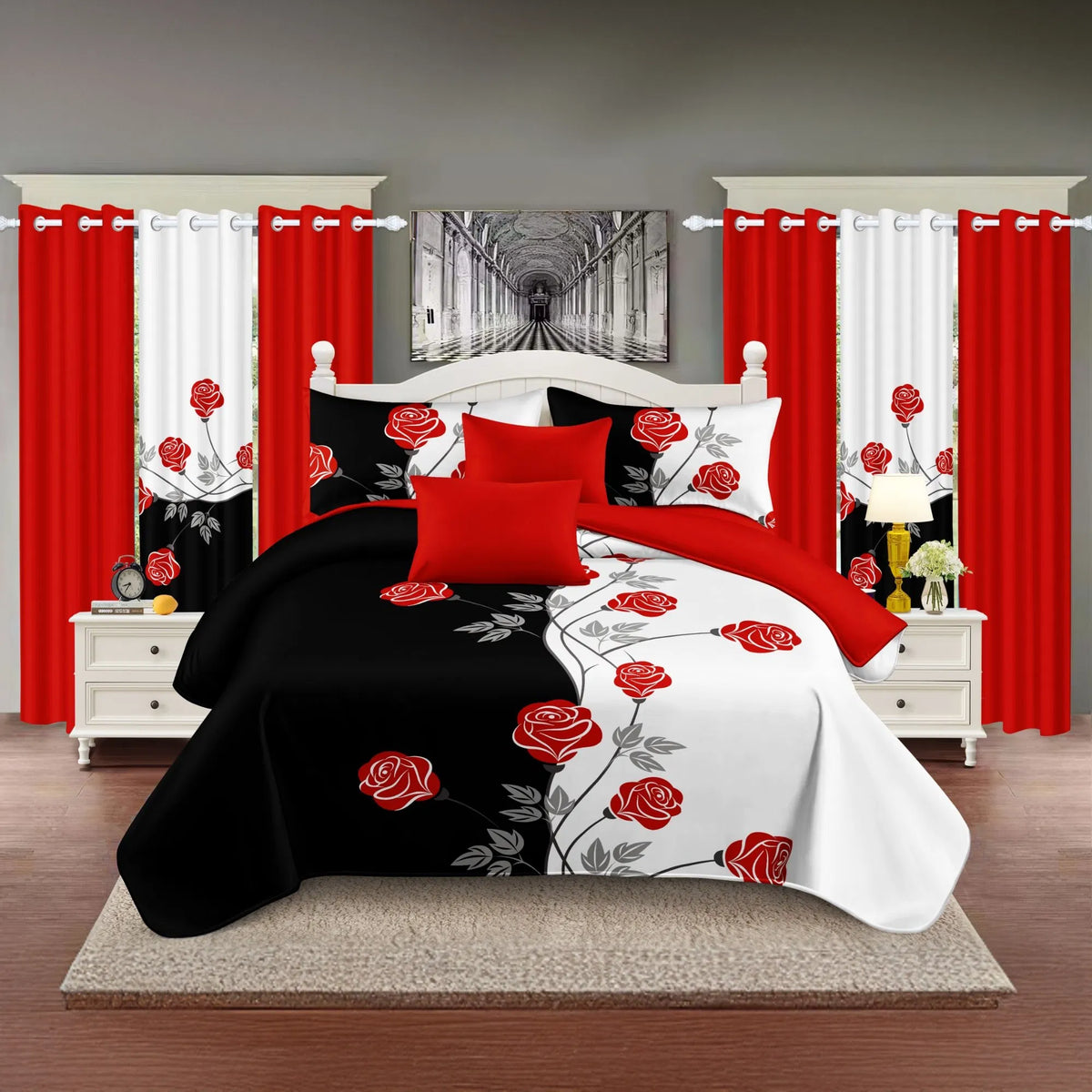 9-Piece Red Rose Bedding & Curtain Set - Quilted Microfiber Bedspread +