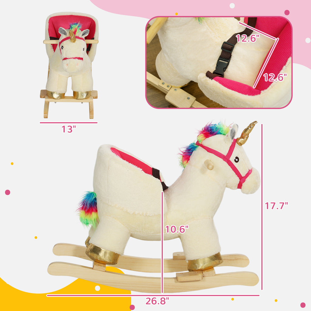 Kids Rocking Horse, Unicorn With Realistic Sound, Safety Belt & Wooden