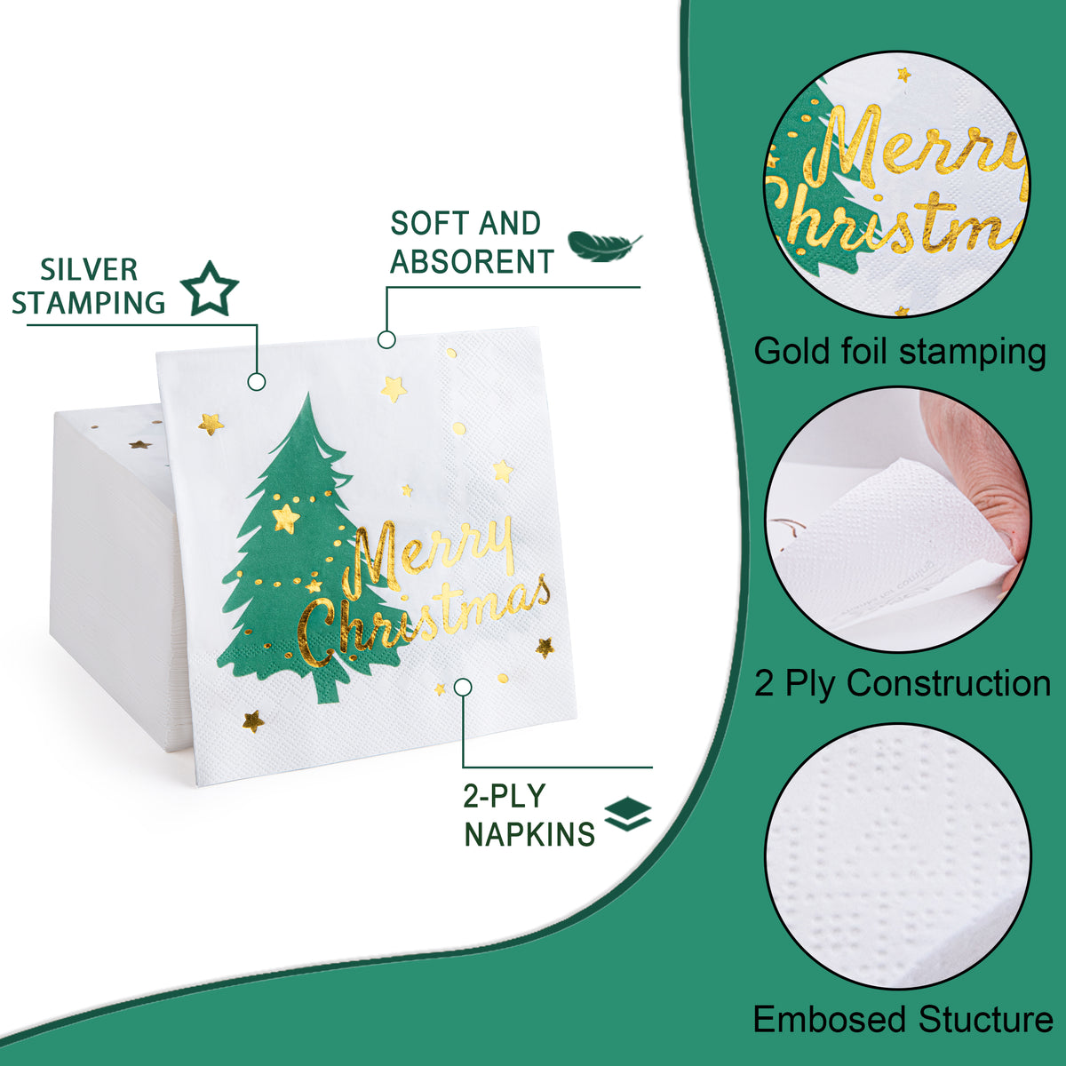 80 Pcs Christmas Napkins, Disposable Printed Xmas Tree Cocktail Napkins