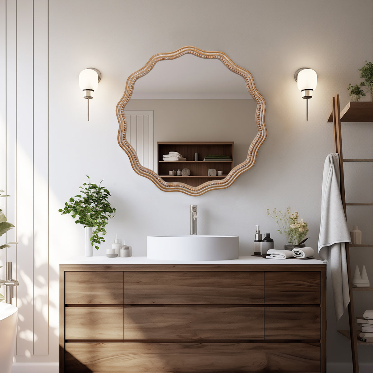 23.62 Inches Wood Round Wavy Wall Mirror Round Wall Mirror Scalloped