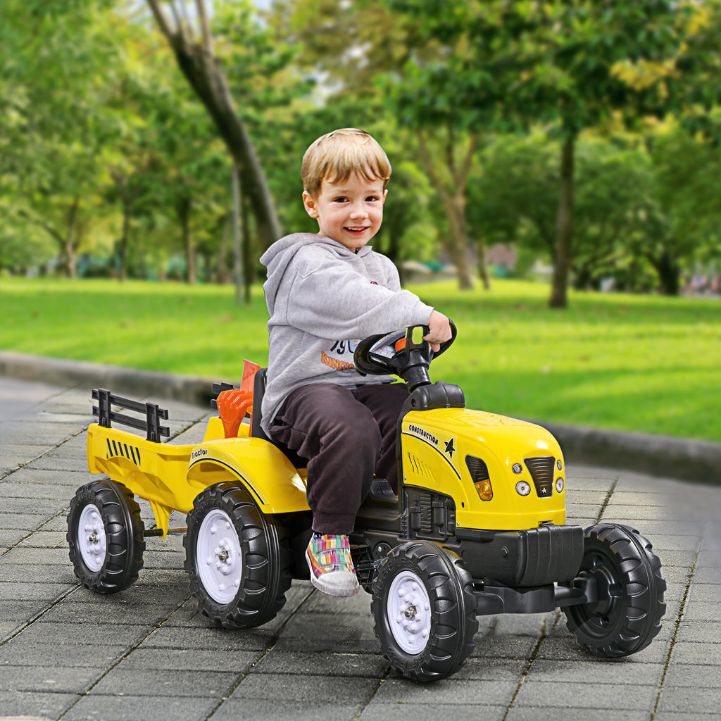 Kids Ride On Tractor With Back Trailer, Shovel & Rake, Horn, Pedal Go