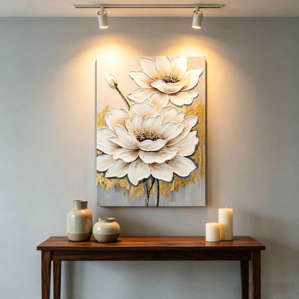 24x36 White Lotus Flower Canvas Wall Art, Hand-painted Thick Textured