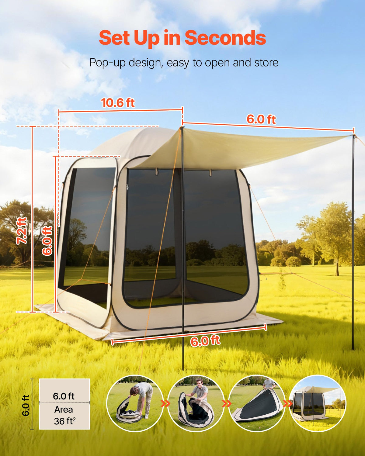 Screen House Tent, 6 X 6 Ft, 4-6 Person Pop Up Screen Tent