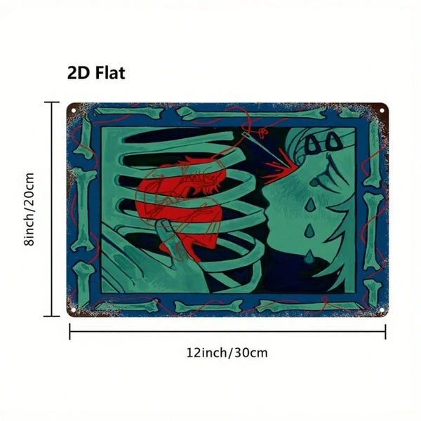 Vintage Abstract Red & Blue Skull Metal Wall Art, 8x12 Inch 2D Flat