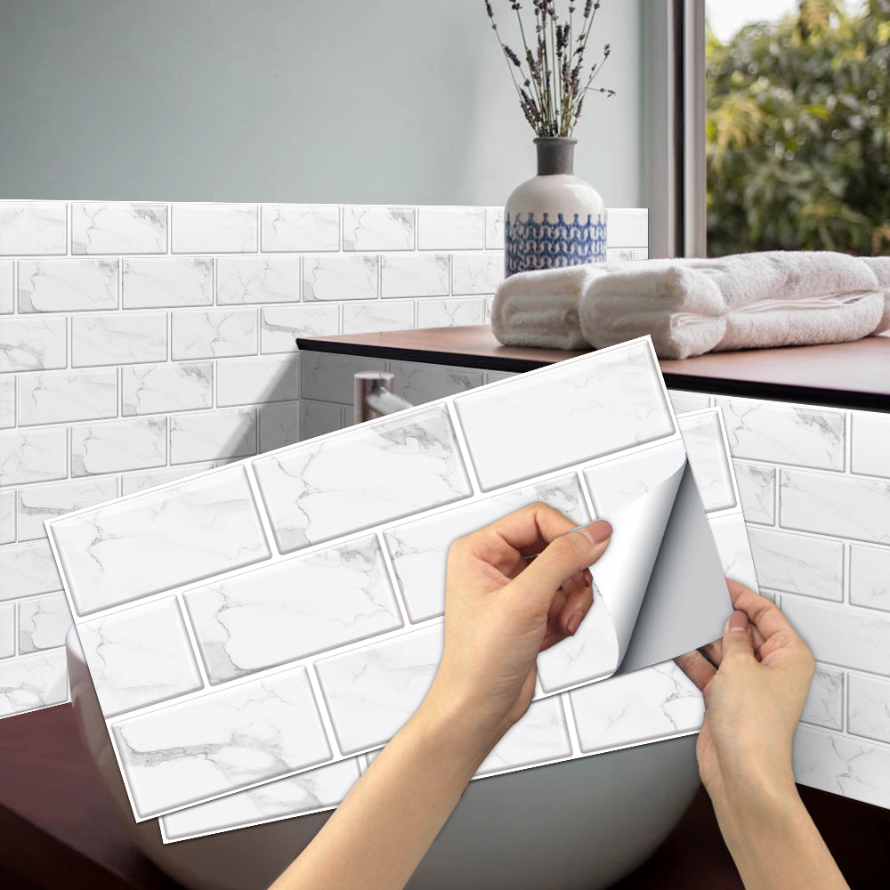 White Marble Look Peel And Stick Tiles Water And Oil Proof PVC Self