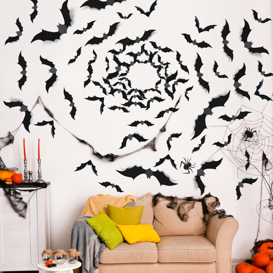 120 Pcs 3D Halloween Bat Decorations, 5 Sizes, Removable Wall Decor