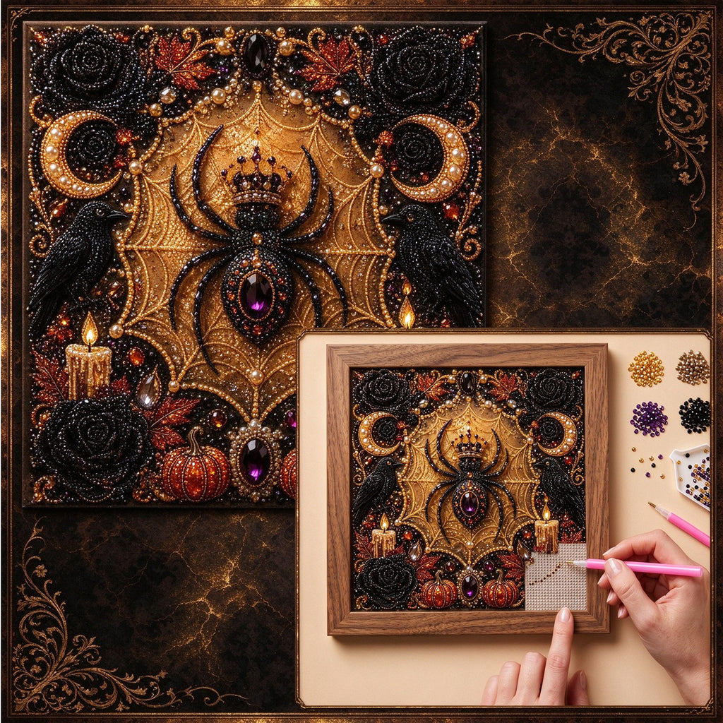 Halloween DIY Pearl Art Kit, 5D Diamond Spider Painting, Vintage Gothic