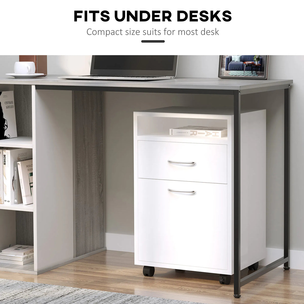 24" Small Filing Cabinet With Open Compartment, Drawer And Wheels, Home