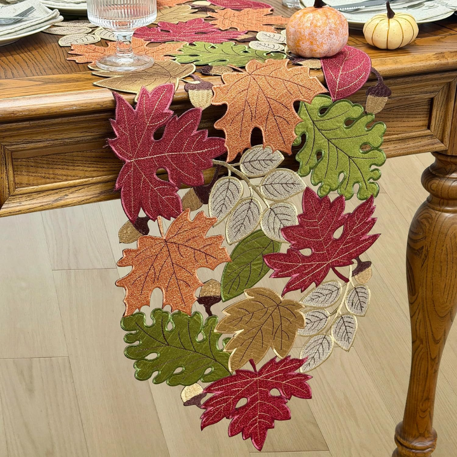 Fall Table Runner 72inches Long, Harvest Embroidered Thanksgiving