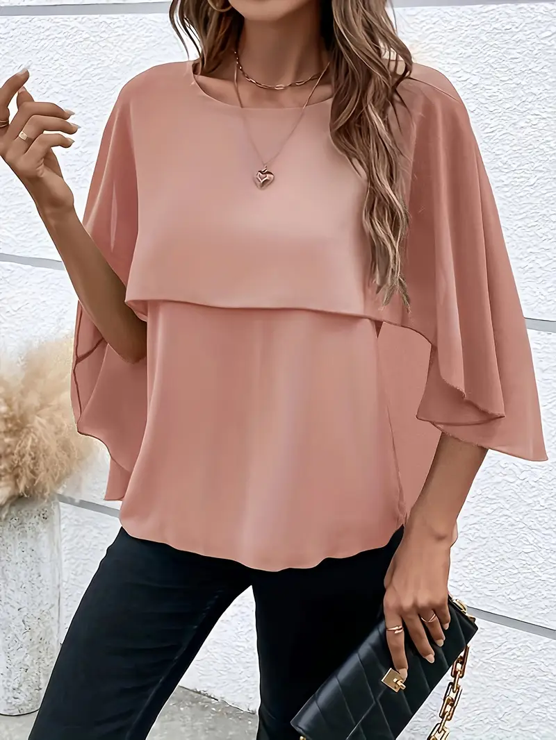 Solid Layered Cloak Sleeve Blouse, Versatile Crew Neck Blouse