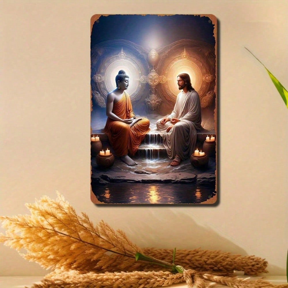 Vintage Metal Wall Art Buddha Jesus 2D Flat, Monastery Scene Religious