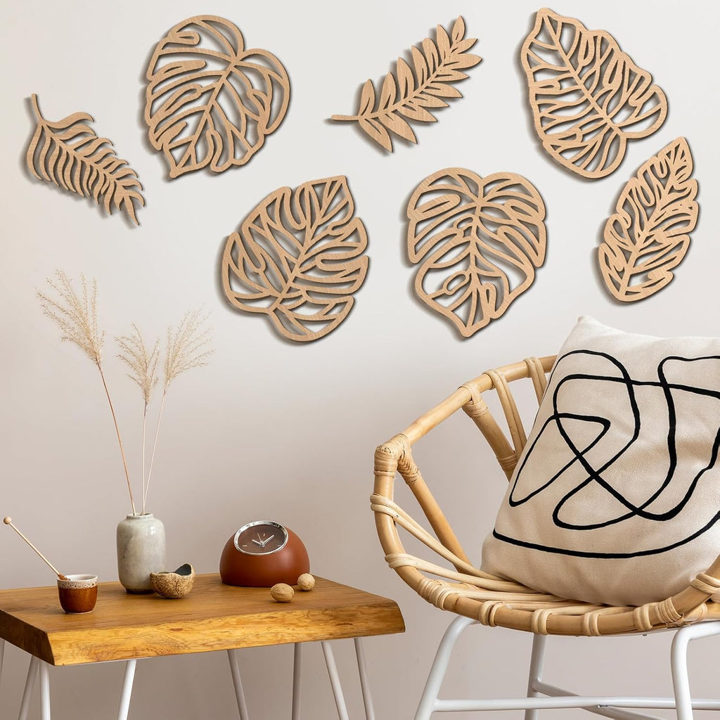 Tropical Wall Decor 7 Units, Wooden Palm Leaf And Monstera Jungle Art