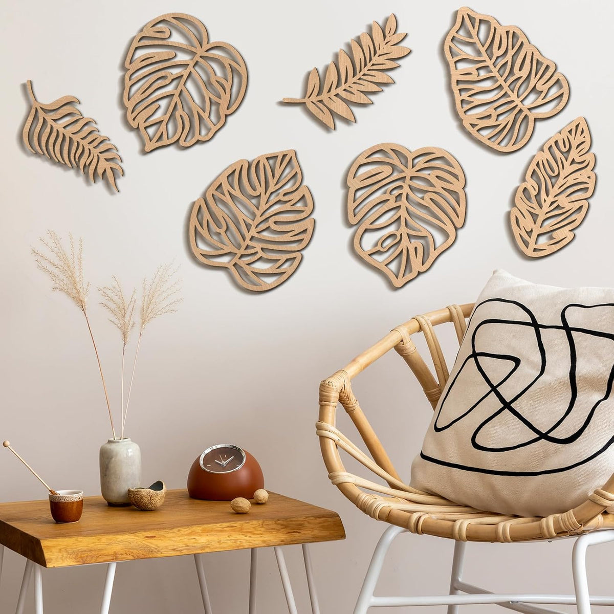 Tropical Wall Decor 7 Units, Wooden Palm Leaf And Monstera Jungle Art