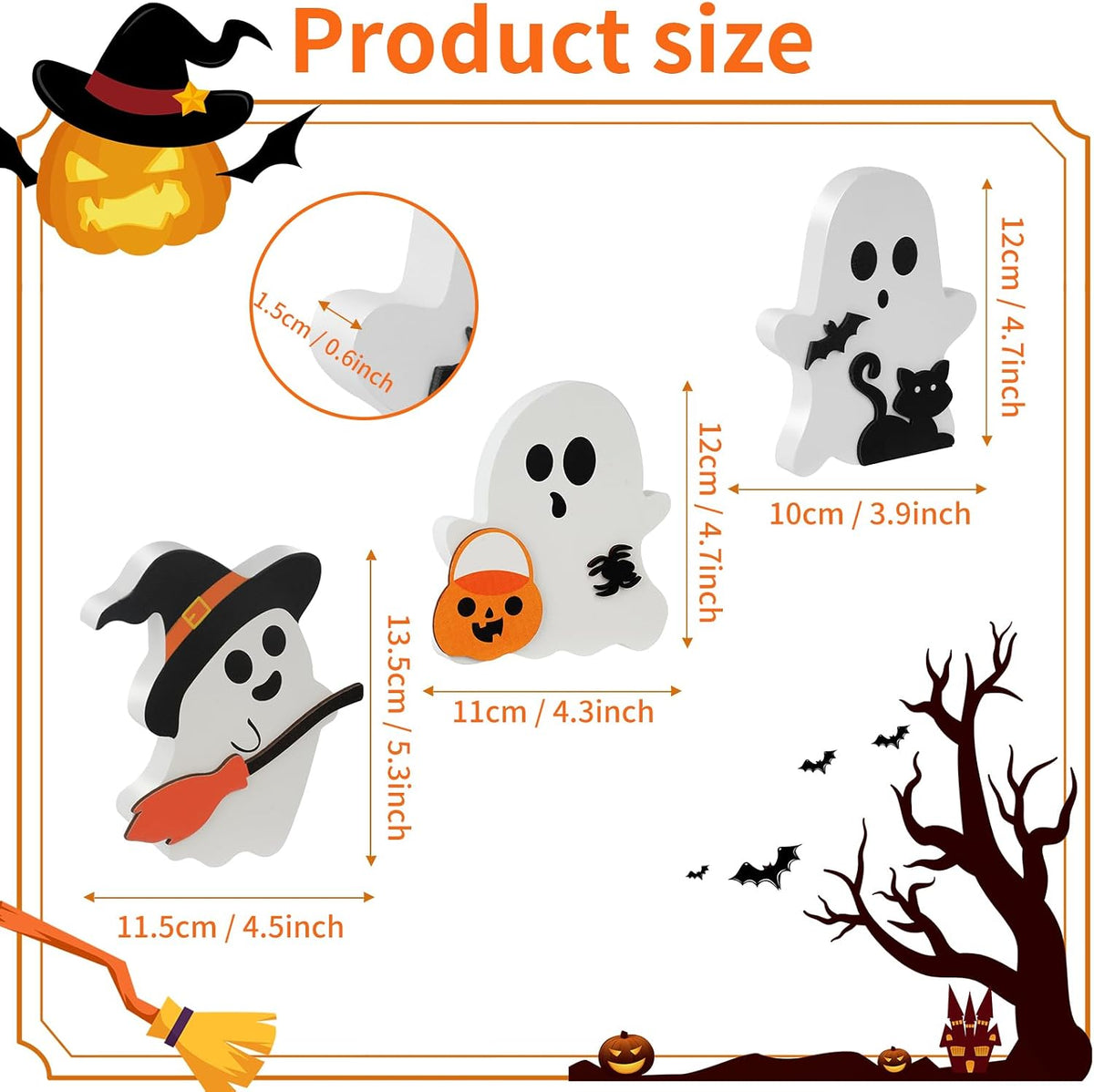 3 Pack Halloween Decorations, Cute Ghost Tabletop Decor, Wooden Tiered