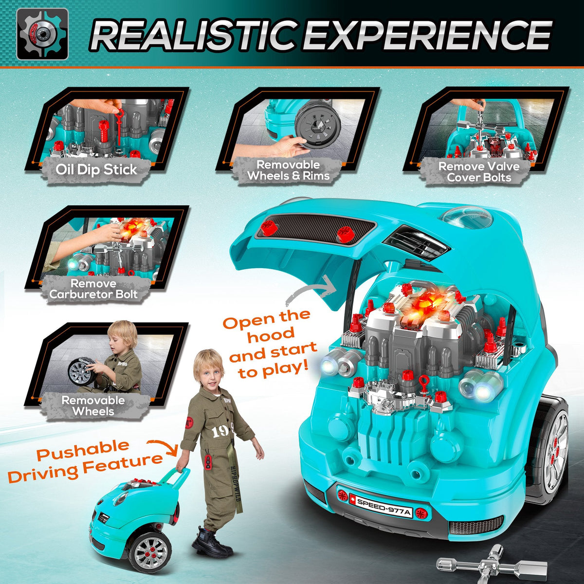 Mechanic Kids Truck Engine Toy Set, Car Service Play Set, Red
