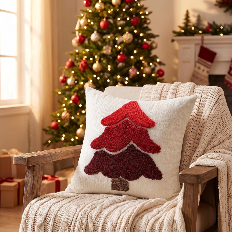 2Pcs Chenille Christmas Tree Pillow Covers 18x18, Red Holiday Decor