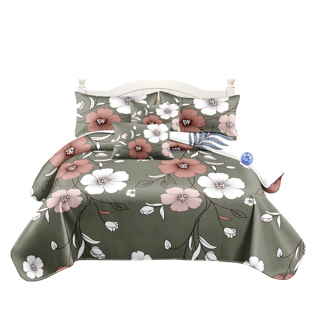 5 Piece Reversible Duvet Cover Set, US Designer Sage Green Vintage