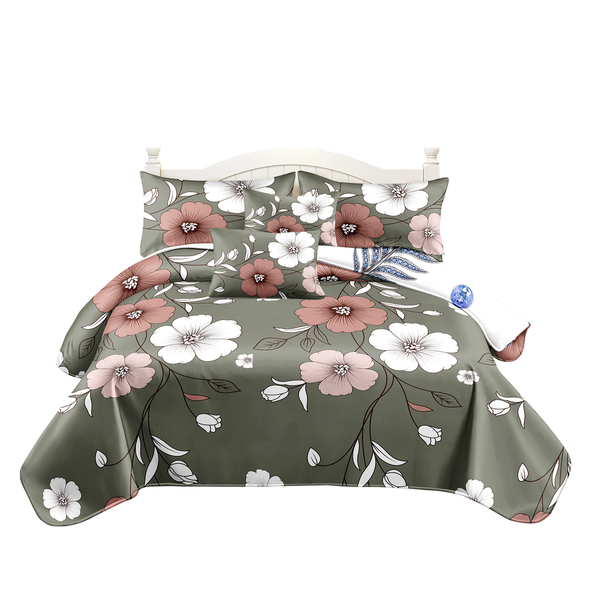 5 Piece Reversible Duvet Cover Set, US Designer Sage Green Vintage