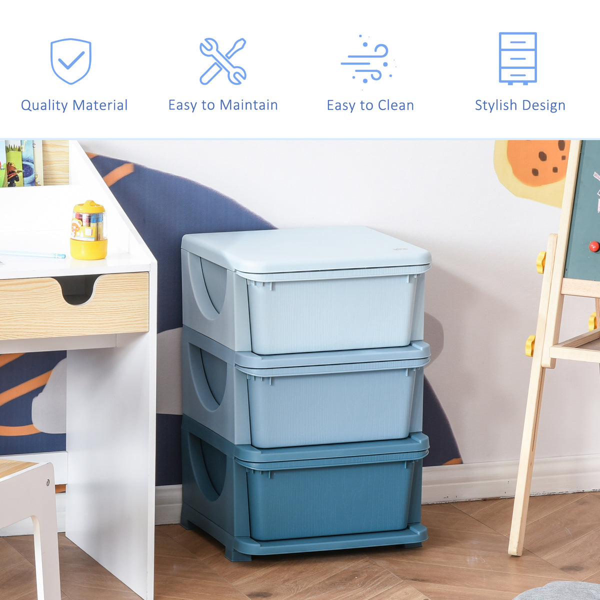 3 Tier Kids Toy Storage Organizer With Drawers, Blue, Chest For Bedroom