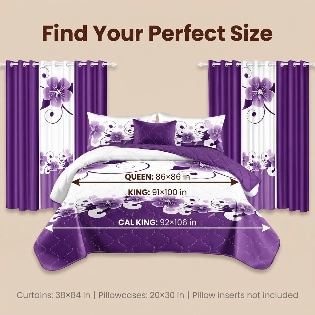 9-Piece Purple And White Gardenia Bedspread And Curtain Set, Reversible
