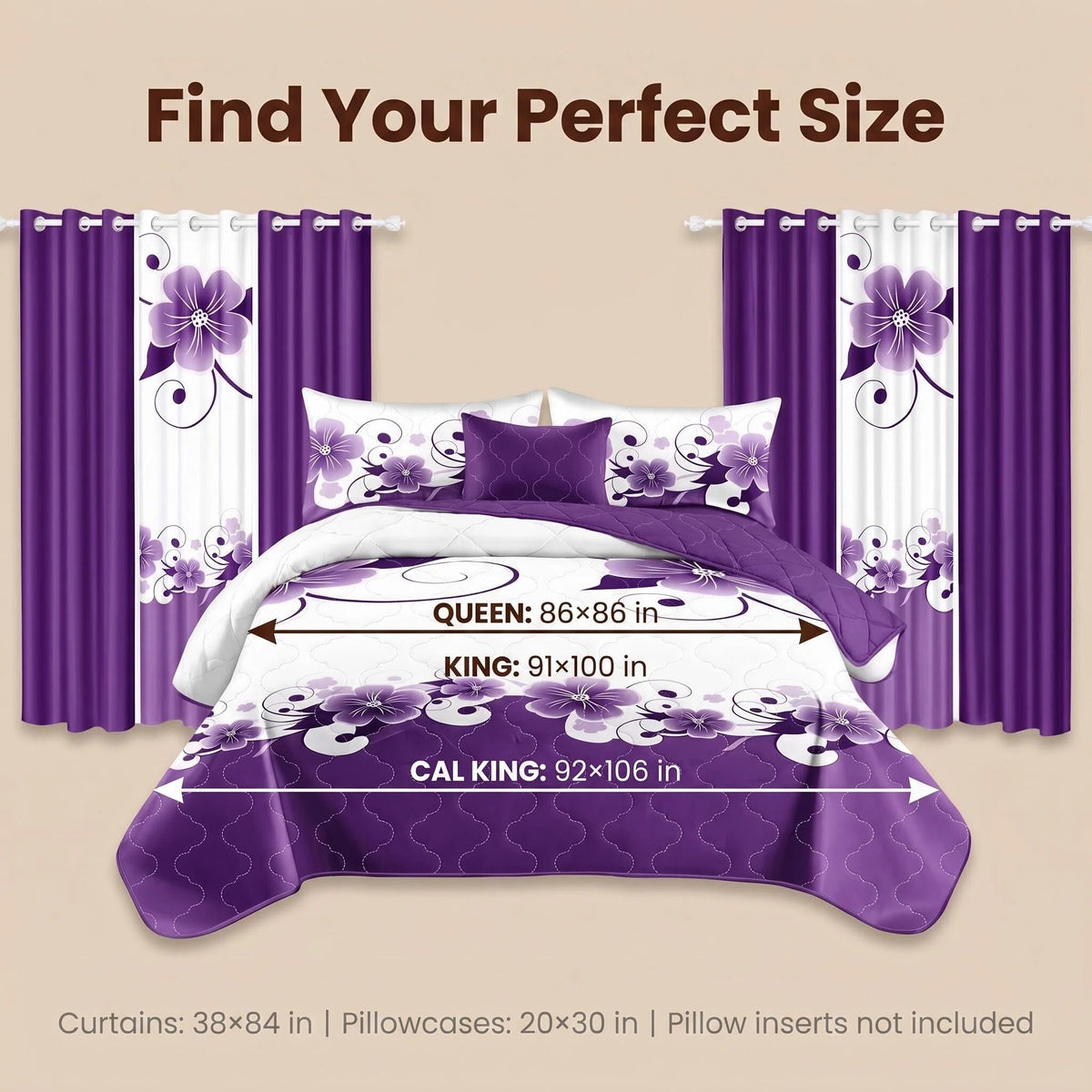 9-Piece Purple And White Gardenia Bedspread And Curtain Set, Reversible