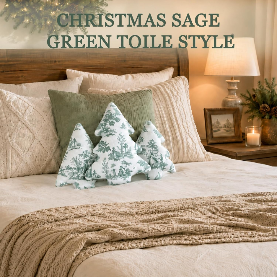 3 Pcs Sage Green Toile Christmas Tree Pillows Vintage Cushion Decor