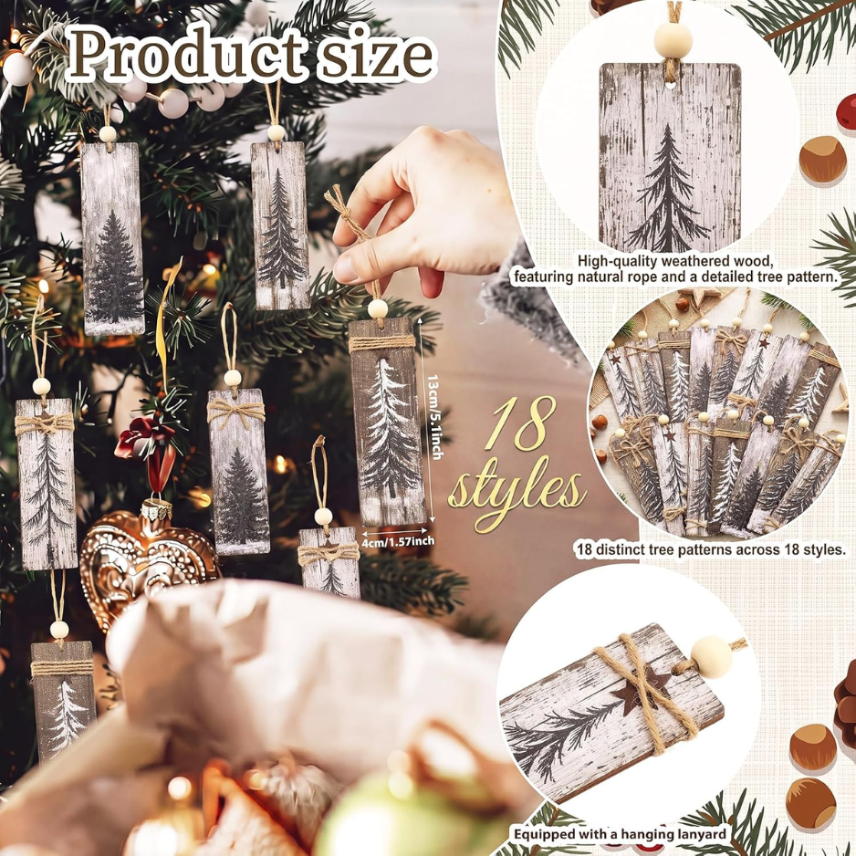 18Pcs Rustic Wooden Christmas Tree Ornaments, Mini Pine Decor
