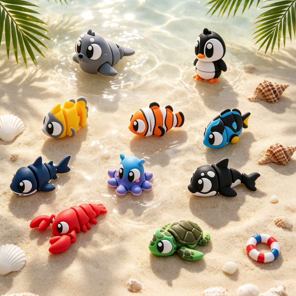 10PCS 3D Printed Ocean Animal Figurine Set, Mini Sea Creature