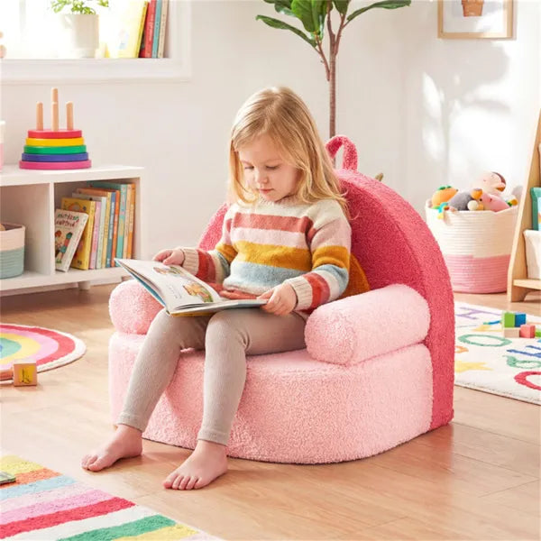 Pink + Beige Kids Sofa, Soft Teddy Fleece Foam Couch With Carry Handle