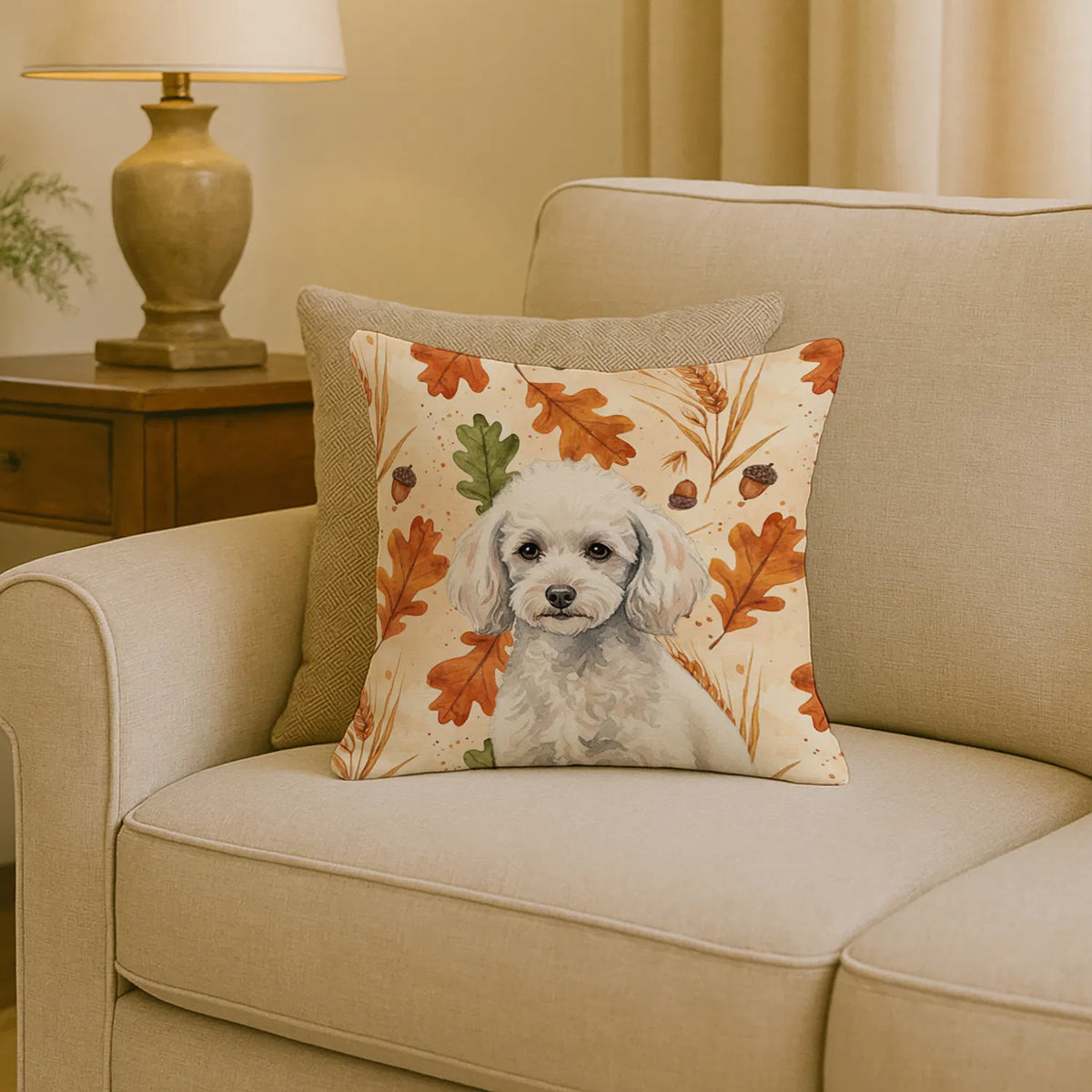 Miniature White Poodle Heirloom Fall Throw Pillow Decorative Indoor
