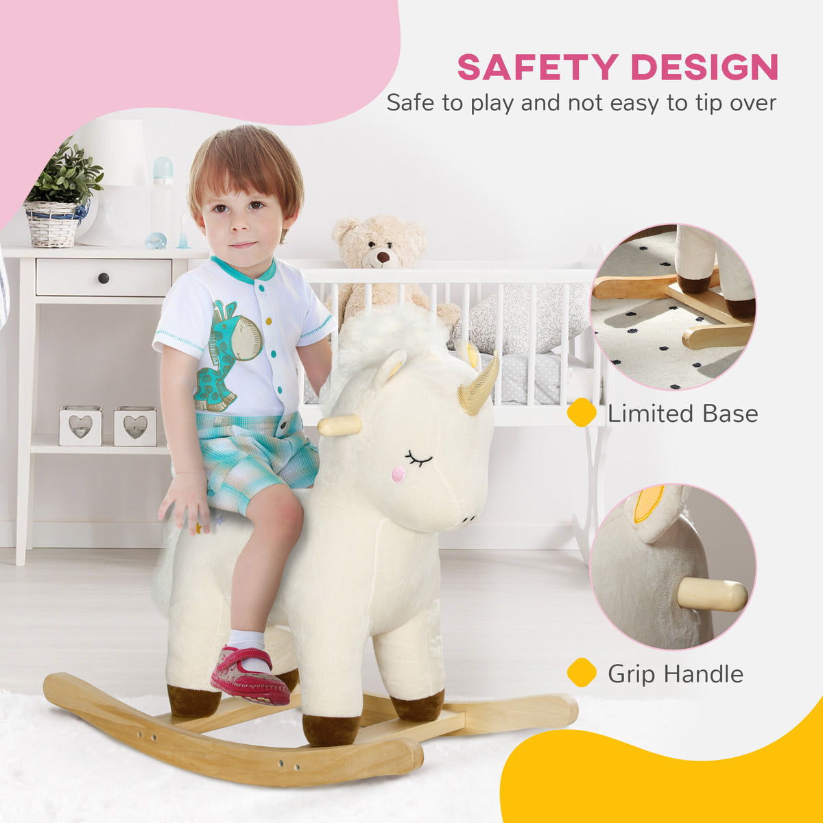 Kids Rocking Horse, Ride On Unicorn With Realistic Sounds & Wooden Base