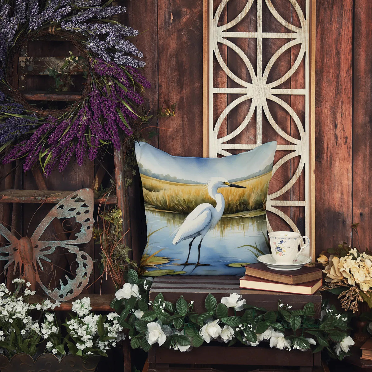 Snowy Egret In Coastal Marshes Throw Pillow Machine Washable, Indoor